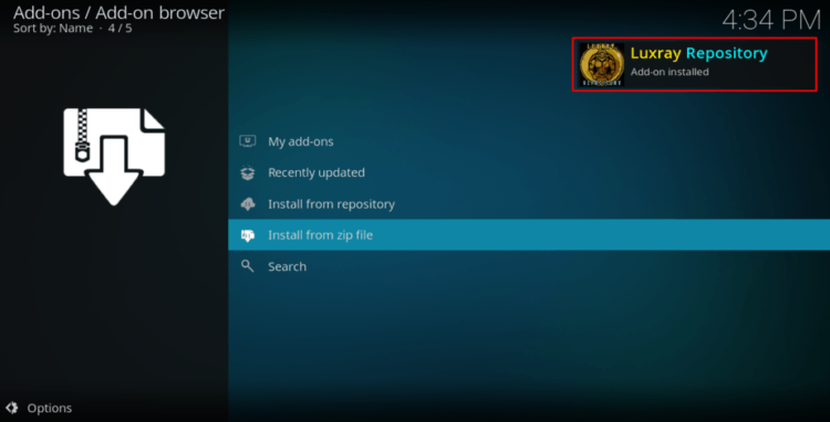 Wait for the Luxray Repository install successful message on Kodi to arise