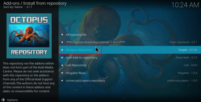 Select Octopus Repository to Install Alvin Kodi Addon