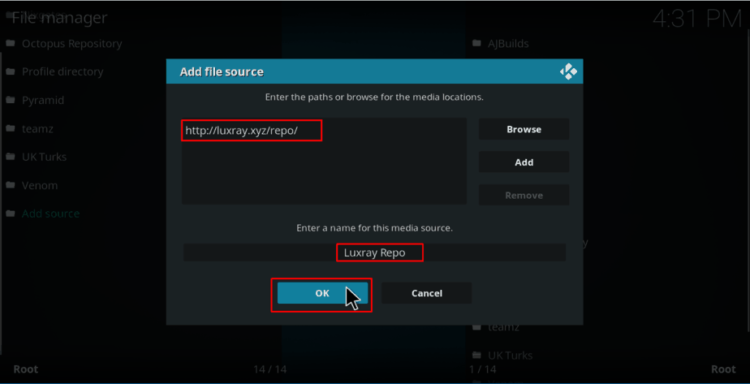 Add the Luxray repo source to Install Luxray Video Kodi Addon